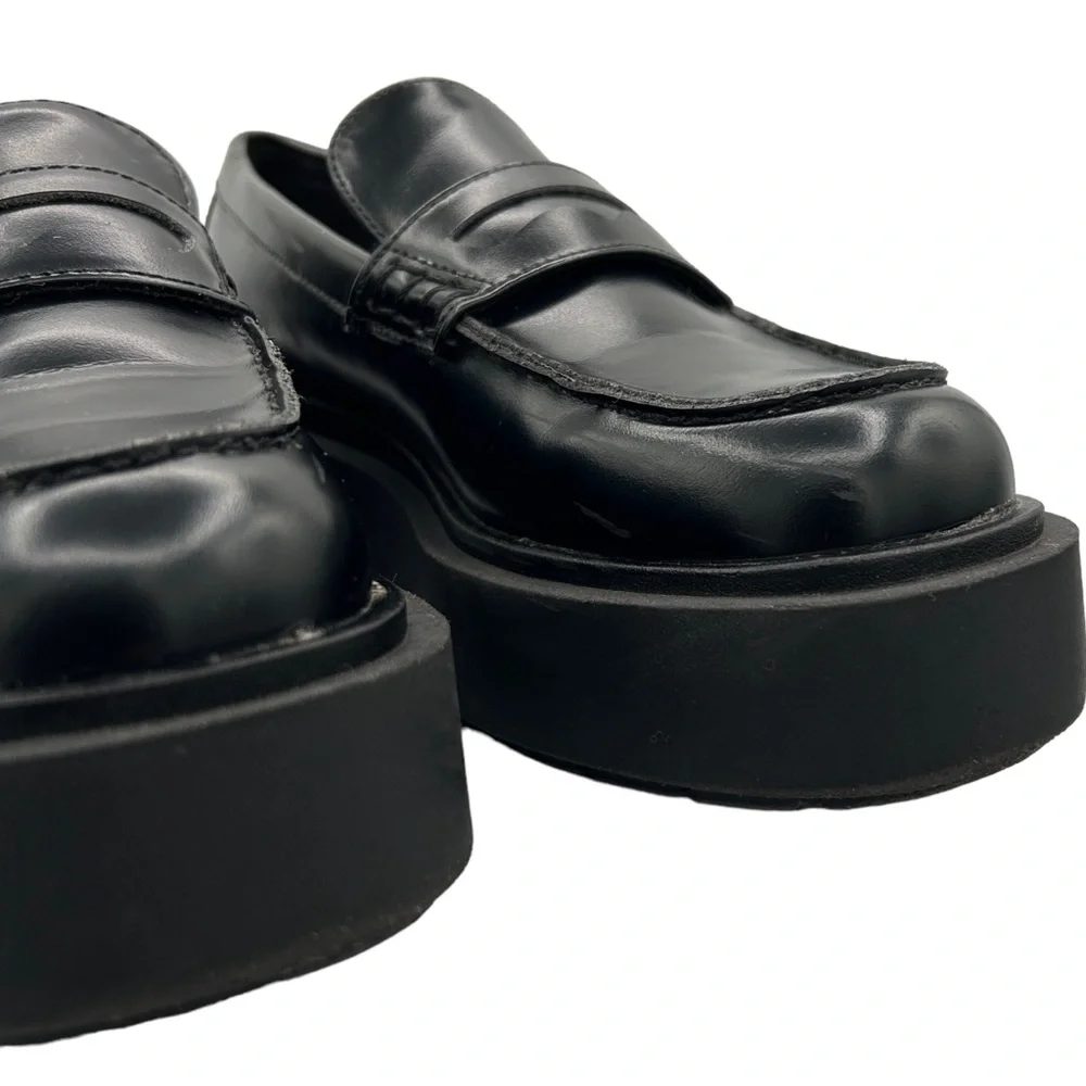 H&M Black Faux Leather Chunky Platform Preppy‎ Slip On Penny Loafers (6)
